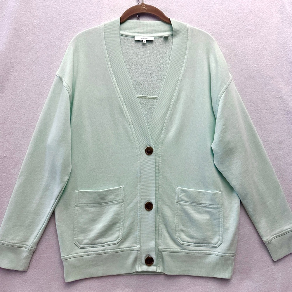 Vince XS French Terry Oversized Cardigan Seafoam Mint Green Cotton Sweater